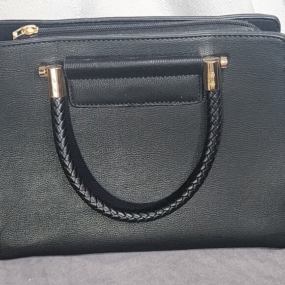 La Terre Black Peta Apprvd Vegan Braided Handle Gold Accent Feet Handbag w/Strap - Picture 12 of 16